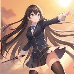 1girl black_hair black_jacket black_thighhighs blazer blue_bow blue_eyes blush bow breasts brown_hair cloud collared_shirt dutch_angle floating_hair hair_between_eyes holding holding_weapon jacket large_breasts long_hair long_sleeves nicoli3141 original outdoors outstretched_arm pleated_skirt school_uniform shirt skirt sky smile solo standing sunset sword thighhighs thighs very_long_hair weapon white_shirt wind zettai_ryouiki