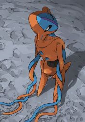 alien aomon_(yuuji7604) black_sclera colored_sclera commentary creatures_(company) deoxys deoxys_(normal) full_body game_freak gen_3_pokemon head_back highres looking_back moon mythical_pokemon nintendo pokemon pokemon_(creature) pokemon_focus shadow standing symbol-only_commentary