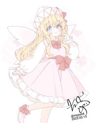 1girl alternate_costume blonde_hair blue_eyes boots bow bowtie chame_(myyo04) closed_mouth dated dress fairy fairy_wings foot_out_of_frame footwear_bow frilled_dress frilled_sleeves frills hair_ornament hairclip hat hat_bow highres lily_white long_hair long_sleeves looking_at_viewer pink_dress pointy_ears puffy_long_sleeves puffy_sleeves red_bow red_bowtie sidelocks signature simple_background solo standing standing_on_one_leg touhou white_background white_boots white_hat wings