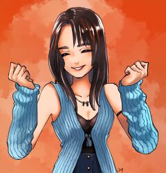 1girl arm_ribbon arm_warmers artist_name bare_shoulders black_hair black_ribbon black_shirt blue_cardigan blue_skirt breasts brown_hair cardigan cleavage closed_eyes final_fantasy final_fantasy_viii hands_up highres jas_(jasjasjasart) jewelry long_hair medium_breasts multicolored_hair necklace orange_background parted_lips ribbon ring ring_necklace rinoa_heartilly shirt skirt smile solo streaked_hair upper_body w_arms