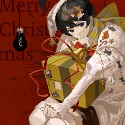 1boy alternate_costume apple_hair_ornament bell black_eyes black_hair black_shorts character_hair_ornament checkered_clothes checkered_scarf chinese_commentary christmas_present closed_mouth commentary_request double-parted_bangs empty_eyes english_text expressionless feet_out_of_frame food-themed_hair_ornament forest_bunny_(omori) frilled_sleeves frills gift gingerbread_man_hair_ornament grey_scarf hair_between_eyes hair_ornament hand_on_own_chin hand_on_own_knee hand_up hat hat_ornament head_tilt highres juliet_sleeves light_bulb long_sleeves looking_at_viewer male_focus merry_christmas mewo neishei547 omori on_lap pale_skin procreate_(medium) puffy_sleeves red_background red_ribbon ribbon santa_hat scarf shirt short_hair shorts sideways_glance simple_background sitting sleeves_past_wrists solo something_(omori) sparkle star_(symbol) star_hat_ornament sunny_(omori) thighhighs two-tone_scarf very_short_hair white_hat white_shirt white_thighhighs yellow_scarf