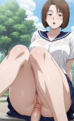1boy 1girl artist_request bob_cut breasts breasts_out brown_eyes brown_hair cleavage highres highschool_uniform initial_d large_breasts mogi_natsuki nipples panties penis pout pov public_indecency pussy pussy_peek school_uniform sex shin_gekijouban_initial_d short_hair sitting skirt thighs udin underwear