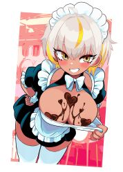 1girl absurdres ahoge apron black_dress blonde_hair blush bow bowtie breasts chocolate chocolate_on_body chocolate_on_breasts dress food_on_body grey_hair highres indie_virtual_youtuber large_breasts leaning_forward maid maid_headdress okra_h park_dona short_hair smile solo thighhighs tomboy virtual_youtuber white_apron white_bow white_bowtie white_thighhighs white_wrist_cuffs wrist_cuffs yellow_eyes