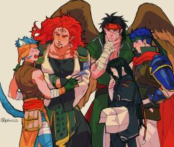 5boys animal_ears armor beard black_hair blue_eyes blue_hair cape cat_boy cat_ears commentary_request cross_scar dark-skinned_male dark_skin facial_hair facial_mark fingerless_gloves fire_emblem fire_emblem:_radiant_dawn forehead_mark gloves headband holding holding_map ike_(fire_emblem) laguz_(fire_emblem) lion_boy long_hair male_focus map multiple_boys muscular muscular_male nintendo pauldrons picnicic pointy_ears ranulf_(fire_emblem) red_hair scar scar_on_face short_hair shoulder_armor simple_background single_pauldron skrimir_(fire_emblem) soren_(fire_emblem) tail tibarn_(fire_emblem) twitter_username wings