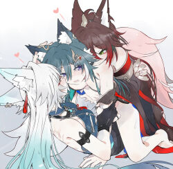 3girls animal_ear_fluff animal_ears aqua_hair arms_around_waist back_tattoo black_gloves black_kimono black_pansy blue_shirt blush brown_hair closed_mouth ear_fondling fang feixiao_(honkai:_star_rail) fox_ears fox_girl fox_tail fud fugue_(honkai:_star_rail) girl_sandwich gloves gradient_hair green_eyes green_hair group_sex heart highres holding_another&#039;s_arm honkai:_star_rail honkai_(series) hug hug_from_behind japanese_clothes kimono kneeling leaning_forward long_hair multicolored_hair multiple_girls nervous open_mouth purple_eyes red_hair red_kimono sandwiched shirt simple_background smile sweat tail tattoo threesome tingyun_(honkai:_star_rail) white_background white_hair yukong_(honkai:_star_rail) yuri