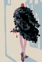 Rule 34 | 1boy, 1girl, 4444 (tetsuya), baby 5, back, black cape, black dress, blonde hair, cape, carrying, carrying person, donquixote rocinante, dress, feather cape, full body, height difference, hood, one piece, walking