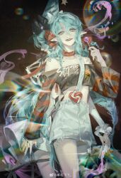 Rule 34 | 2girls, absurdres, alternate costume, aqua hair, aqua scales, back-to-back, bare shoulders, black nails, black shirt, blurry, blurry background, braid, burger, candy, champagne flute, character name, choker, collarbone, commentary, cowboy shot, crinoline, crop top, cup, denim, denim skirt, dress, drinking glass, dual persona, floating liquid, food, food print, hairband, half-closed eyes, hashtag-only commentary, hat, highres, holding, holding candy, holding food, holding lollipop, lens flare, lollipop, long hair, looking at viewer, midriff, miniskirt, multiple girls, nail polish, off-shoulder shirt, off shoulder, own hands together, party hat, path to nowhere, pointy ears, print shirt, profile, red choker, red lips, serpent (path to nowhere), shirt, skirt, slit pupils, smile, spilling, thighs, twin braids, very long hair, white dress, white eyes, white hairband, yangmao feifei