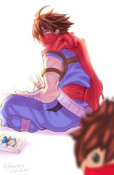 1boy ahoge blue_eyes book brown_hair dated figure funko_pop highres holding holding_book indian_style leo_tail looking_at_viewer male_focus mask mouth_mask red_mask red_scarf scarf short_hair simple_background sitting solo strider_(video_game) strider_hiryuu twitter_username v white_background
