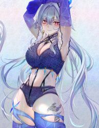 1girl absurdres armpits arms_up blue_bra blue_gloves blue_hair blue_panties blue_thighhighs blush bra breasts closed_mouth commentary cowboy_shot earrings elbow_gloves english_commentary genshin_impact gloves gurei_(streaper42846) hair_between_eyes hair_ornament hairclip highres jewelry large_breasts long_hair looking_at_viewer multicolored_hair panties red_eyes skindentation skirk_(genshin_impact) solo streaked_hair symbol-shaped_pupils thighhighs underwear white_hair