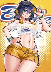 1girl absurdres artist_name belle_(zenless_zone_zero) bikini black_hat black_nails blue_eyes blue_hair blush bracelet breasts character_name collarbone crop_top flower hair_between_eyes hair_ornament hair_ribbon hairpin hand_on_own_hip hat highres jewelry katou_shinobu large_breasts looking_at_viewer low_twintails open_mouth orange_background orange_bikini orange_ribbon orange_shorts ribbon ribbon-trimmed_crop_top see-through_clothes see-through_shirt shirt short_hair short_shorts short_twintails shorts smile solo standing swimsuit t-shirt teeth thighs tongue twintails white_shirt zenless_zone_zero