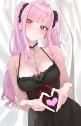 1girl absurdres bare_arms bare_shoulders bed_sheet black_choker black_nightgown breasts choker cleavage closed_mouth earrings four-finger_heart_hands hair_ornament hair_scrunchie head_tilt heart heart_hands highres hololive hololive_english jewelry large_breasts long_hair looking_at_viewer lying mori_calliope nightgown on_back pink_hair reachisang red_eyes scrunchie sidelocks sleeveless solo spaghetti_strap strap_gap twintails very_long_hair virtual_youtuber