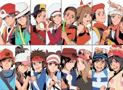 Rule 34 | 6+boys, 6+girls, :d, :o, absurdres, arm up, baseball cap, beanie, black hair, black hat, black vest, blue jacket, bow hairband, bracelet, brendan (pokemon), bright pupils, brown eyes, brown hair, calem (pokemon), closed mouth, commentary request, dawn (pokemon), elio (pokemon), ethan (pokemon), eyewear on headwear, green shirt, grin, hairband, hat, highres, hilbert (pokemon), hilda (pokemon), jacket, jewelry, korean commentary, leaf (pokemon), looking at viewer, lucas (pokemon), lyra (pokemon), may (pokemon), multiple boys, multiple girls, nate (pokemon), nintendo, one eye closed, open clothes, open mouth, open vest, overalls, pokemon, pokemon bw, pokemon bw2, pokemon dppt, pokemon frlg, pokemon hgss, pokemon oras, pokemon sm, pokemon xy, raglan sleeves, red (pokemon), red hairband, red hat, red jacket, red scarf, red vest, rosa (pokemon), sangrokei, scarf, selene (pokemon), serena (pokemon), shirt, short hair, short sleeves, sidelocks, sleeveless, sleeveless shirt, smile, split mouth, striped clothes, striped shirt, sunglasses, t-shirt, teeth, upper teeth only, vest, visor cap, white hat, white pupils, white shirt, z-ring, zipper pull tab