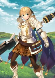 Rule 34 | 1girl, armor, armored boots, belt, blonde hair, blue sky, blush stickers, boots, breastplate, brown belt, brown boots, brown pantyhose, brown skirt, closed mouth, cloud, couter, day, fate/grand order, fate (series), faulds, feet out of frame, game cg, gareth (fate), gareth (third ascension) (fate), gauntlets, gold trim, green eyes, green shirt, hair between eyes, holding, holding polearm, holding weapon, juliet sleeves, lake, legs apart, long sleeves, looking at viewer, miniskirt, nekotawawa, official art, pantyhose, pauldrons, polearm, puffy sleeves, shirt, short hair, shoulder armor, skirt, sky, smile, solo, standing, third-party source, variant set, weapon, white armor