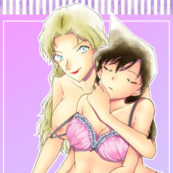 2girls aqua_eyes black_hair blonde_hair bra breasts cleavage closed_eyes closed_mouth collarbone hug hug_from_behind long_hair meitantei_conan mouri_ran multiple_girls nipples parted_lips pink_bra purple_background shiroyagi_(user_syev5357) smile underwear upper_body vermouth_(meitantei_conan) yuri