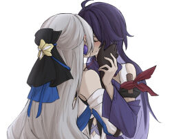 2girls arm_scarf black_gloves black_ribbon blush bronya_rand commentary detached_sleeves dress earrings gloves grey_hair hair_ribbon hand_on_another&#039;s_face honkai:_star_rail honkai_(series) jewelry long_hair multiple_girls purple_hair purple_sleeves ribbon seele_(honkai:_star_rail) simple_background sweatdrop syonosuke9573 upper_body white_background white_dress yuri