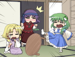 Rule 34 | 3girls, = =, ^^^, angry, apron, blonde hair, blush, chibi, detached sleeves, domestic violence, drunk, feet, female focus, frog, green hair, haniwa, haniwa (leaf garden), headband, kicking, kochiya sanae, moriya suwako, multiple girls, necktie, open mouth, purple hair, skirt, snake, socks, table, table flip, tears, touhou, triangle mouth, yasaka kanako