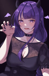 1girl black_choker black_dress blood blood_in_mouth blush breasts choker demon_horns dress fake_horns fangs genshin_impact hair_between_eyes hal_aluha highres horns long_hair looking_at_viewer mole mole_under_eye open_mouth purple_eyes purple_hair raiden_shogun solo