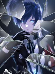 1boy adjusting_clothes adjusting_gloves armband black_background black_gloves black_jacket black_ribbon blazer blue_eyes blue_hair broken_glass dappled_moonlight double-parted_bangs dress_shirt facing_viewer glass glass_shards gloves highres jacket lanyard looking_at_viewer male_focus moonlight open_clothes open_jacket persona persona_3 persona_3_reload red_armband ribbon school_uniform shirt tsukitaka upper_body white_shirt yuuki_makoto_(persona_3)