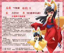 1girl animal_ears black_hair blush character_profile reference_sheet flat_chest fox_ears fox_tail furry furry_female long_hair looking_at_viewer open_mouth original red_eyes smile stats tail translation_request tsune-hime ukan_muri