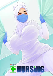 bed_sheet black_eyeliner breasts brown_eyes eyeliner gloves highres hijab hospital large_breasts looking_to_the_side makeup mask nigaw nurse sheet_grab solo veil white_hijab white_veil