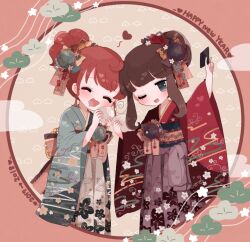 2girls :d ^_^ steamed_bun blue_eyes blue_flower blue_kimono brown_hair closed_eyes commentary_request drooling floral_print flower food hair_bun hair_flower hair_ornament hands_up happy_new_year highres holding holding_food japanese_clothes kimono kira_(kiratwins) kurosu_aroma long_hair long_sleeves looking_at_viewer multiple_girls new_year obi one_eye_closed open_mouth ponytail pretty_series print_kimono pripara red_hair red_kimono sash shiratama_mikan short_hair sidelocks single_hair_bun smile standing wide_sleeves