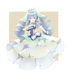 1girl blue_eyes blue_hair breasts dress frilled_dress frills hair_between_eyes hatsune_miku highres holding holding_wand long_hair looking_at_viewer medium_breasts nintendo official_alternate_costume official_alternate_hairstyle pokemon princess project_voltage rock_miku_(project_voltage) simple_background siquartz22 solo strapless strapless_dress twintails veil vocaloid wand yellow_background