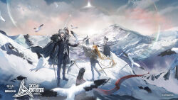 1girl 2boys animal_ears arknights armband bell bird black_gloves black_jacket blonde_hair boots cane cape cloud cloudy_sky degenbrecher_(arknights) formal_clothes fur-trimmed_cape fur-trimmed_hood fur_trim glasses gloves gnosis_(arknights) goat_ears goat_horns goat_tail highres holding holding_staff hood horns jacket long_hair looking_back mag_(mag42) mountain mountainous_horizon multiple_boys silverash_(arknights) sky snow snow_leopard_boy snow_leopard_ears snow_leopard_tail staff suit sun_glare tenzin_(arknights) very_long_hair white_armband
