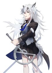 1girl absurdres arknights black_jacket black_skirt blue_eyes bolo_tie buttons collared_shirt commentary dconan_owo english_commentary feet_out_of_frame grey_hair grey_tail grey_vest hair_between_eyes hair_ornament hairclip highres holding holding_sword holding_weapon jacket lappland_(arknights) light_smile long_hair looking_at_viewer miniskirt mixed-language_commentary open_mouth pleated_skirt profile shirt simple_background skirt solo standing sword tail vest weapon white_background white_shirt wolf_tail
