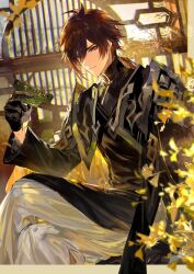 Rule 34 | 1boy, absurdres, black dress, changpao, chinese clothes, collaboration works, dress, genshin impact, highres, nevakuma (fanfanas), official alternate costume, solo, solo focus, zhongli (genshin impact)