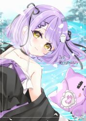 1girl animal black_jacket black_ribbon bow brown_eyes cat closed_mouth collarbone commentary_request dress eyepatch flower frilled_dress frills ghost_hair_ornament hair_ornament hair_ribbon hairclip heart heart_eyepatch highres jacket looking_at_viewer lying off_shoulder on_back open_clothes open_jacket purple_bow purple_hair ribbon rino_cnc ripples shinomiya_runa sleeveless sleeveless_dress smile solo two_side_up virtual_youtuber vspo! water white_dress white_flower x_hair_ornament
