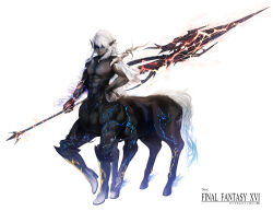 1boy abs asymmetrical_hair bangle black_boots black_skin blue_eyes boots bracelet braid cape centaur closed_mouth colored_skin commentary_request copyright_name earrings electricity extra_legs final_fantasy final_fantasy_xvi frilled_cape full_body fusion hair_between_eyes hand_on_own_hip high_heel_boots high_heels highres holding holding_polearm holding_weapon jewelry large_pectorals light_smile logo long_hair looking_at_viewer male_focus mario_(2669431) monster_boy monsterification muscular muscular_male nipples pectorals pointy_ears polearm sidelocks simple_background single_braid sleipnir_(final_fantasy) sleipnir_harbard solo spear standing stud_earrings taur weapon white_background white_cape white_hair