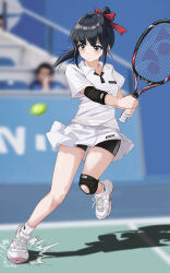 1girl 1other absurdres ankle_socks ball black_hair black_shorts blurry blurry_background bow breast_pocket collared_shirt commentary_request commission dated_commentary floating_clothes floating_hair full_body green_eyes gym_shorts hair_bow highres holding holding_racket knee_pads light_blush long_hair looking_at_object motion_blur nanase_young original partially_unbuttoned pleated_skirt pocket ponytail racket railing red_bow running shadow shirt shoes shorts shorts_under_skirt sidelighting sidelocks single_bare_leg single_knee_pad skirt sneakers socks sweat tennis tennis_ball v-shaped_eyebrows white_footwear white_shirt white_skirt white_socks