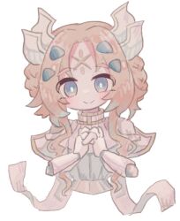 1girl blonde_hair blue_eyes chibi dogmatika_ecclesia_the_virtuous duel_monster ecclesia_(yu-gi-oh!) facial_mark forehead_mark highres horns natanekoko simple_background solo upper_body white_background white_horns yu-gi-oh!