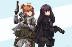 2girls ammunition_pouch antenna_hair arm_armor artist_name ass black_capelet black_hair bodysuit breasts brown_bodysuit brown_gloves brown_hair buckle bulletproof_vest capelet clothes_writing commentary commission dual_wielding elbow_pads english_commentary fingerless_gloves from_behind gloves green_eyes grey_bodysuit grey_capelet gun hair_bun hair_ornament handgun highres holding holding_gun holding_weapon holster light_frown long_hair long_sleeves looking_back medium_breasts medium_hair multiple_girls ndtwofives nose original pouch revolver scarf simple_background smile snap-fit_buckle thigh_holster trigger_discipline weapon white_background