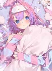 1girl absurdres alternate_costume blue_eyes blue_jacket character_doll character_mask don-chan_(usada_pekora) frilled_pillow frills gradient_hair hair_down hair_intakes hashtag-only_commentary highres holding holding_pillow hololive hololive_dev_is jacket kikirara_vivi long_hair long_sleeves looking_at_viewer lying mask mask_on_head messy_hair multicolored_hair on_back panda_0035 parted_lips pillow pink_hair pink_jacket purple_hair sleep_mask sleeves_past_wrists solo spaghetti_strap streaked_hair striped_clothes striped_jacket stuffed_toy symbol-shaped_pupils upper_body usada_pekora usada_pekora_(1st_costume) virtual_youtuber