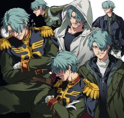 1boy alternate_costume belt black_shirt casual challia_bull closed_eyes closed_mouth commentary crossed_arms epaulettes facial_hair facing_viewer gloves green_hair grey_hoodie gundam gundam_gquuuuuux hair_over_one_eye highres hood hoodie jonburrrr long_sleeves looking_to_the_side military_uniform multiple_views mustache shirt short_hair spacesuit white_gloves white_shirt zeon zzz