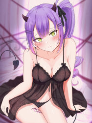 Rule 34 | 1girl, absurdres, alternate costume, aresiasitennou, babydoll, black babydoll, black panties, blurry, blurry background, blush, breasts, commentary, cowboy shot, demon girl, demon horns, demon tail, green eyes, highres, hololive, horns, leg tattoo, medium breasts, panties, purple hair, sitting, solo, spaghetti strap, tail, tattoo, tokoyami towa, underwear, virtual youtuber