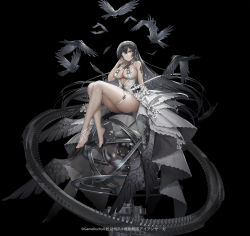 1girl animal armillary_sphere bare_shoulders barefoot between_toes bird black_background black_bow black_dress black_eyes bow breasts constellation cross crow d._(ddot2018) dress earrings eyepatch feathers flock flower gears glint hair_between_eyes hand_up highres hoop_earrings iron_saga jewelry large_breasts long_hair looking_at_viewer official_art one_eye_covered plantar_flexion revealing_clothes ribbon see-through_clothes sidelocks simple_background sitting sitting_on_object sleeveless sleeveless_dress solo thigh_strap very_long_hair white_bow white_dress white_flower white_ribbon