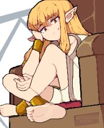 1girl absurdres barefoot blonde_hair feet highres kingdom_(user_ysav4824) long_hair looking_at_viewer open_mouth pixel_art pointy_ears serie_(sousou_no_frieren) soles sousou_no_frieren throne toes yellow_eyes