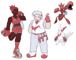2girls absurdres bandaid bandaid_on_face bandaid_on_nose boxing_gloves breasts closed_mouth commentary dark-skinned_female dark_skin dreadlocks english_commentary fourleafisland full_body gen_2_pokemon gen_3_pokemon grey_pants hair_bun highres holster kneehighs knife knife_sheath medium_breasts multiple_girls nintendo one_eye_closed pants personification pokemon pokemon_(creature) red_hair red_shorts red_socks scizor sheath shirt shoes short_hair shorts simple_background single_hair_bun smile socks standing thigh_holster very_dark_skin vest white_background white_hair white_vest yellow_eyes zangoose