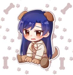 1girl animal_ears animal_hands arms_between_legs blue_hair blush boots brown_boots brown_collar brown_eyes brown_hoodie brown_overalls chibi chiwawa174 collar dog_ears dog_paws dog_tail fake_animal_ears fake_tail full_body gloves highres hood hoodie idolmaster idolmaster_(classic) idolmaster_million_live! idolmaster_million_live!_theater_days kisaragi_chihaya long_hair long_sleeves looking_at_viewer official_alternate_costume open_mouth outline overalls paw_gloves paw_print sitting solo tail wanwan_wonderful_(idolmaster) white_background white_outline