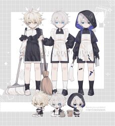 3boys absurdres alternate_costume antenna_hair apron artist_name back_bow bag bandaid bandaid_on_knee bandaid_on_leg black_apron black_gloves black_pants black_sandals black_shirt black_shoes black_socks blonde_hair border bow broom bucket checkered_background chibi chibi_inset cleaning commentary_request crossdressing crossdressing_(mtf) crossed_bangs duster empty_eyes enmaided flame_reaver_of_the_deepest_dark full_body gloves grey_background hair_between_eyes half-closed_eyes halo halo_behind_head hand_on_own_hip hand_up highres holding holding_bag holding_broom holding_duster holding_towel honkai:_star_rail honkai_(series) hooded_shirt long_sleeves looking_at_viewer looking_down maid male_focus male_maid multiple_boys multiple_persona multiple_views nerimono_(nekokoban22) no_mouth official_alternate_eye_color official_alternate_hair_color open_mouth outside_border pants phainon_(honkai:_star_rail) phainon_(khaslana)_(honkai:_star_rail) puffy_long_sleeves puffy_sleeves sandals shirt shoes short_hair smile socks square standing towel trash_bag watermark white_apron white_border white_bow white_hair white_pants white_shirt white_socks yellow_eyes