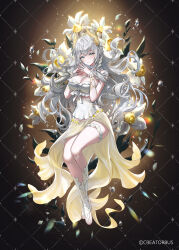 1girl absurdres bare_shoulders beads braid breasts choker cleavage commentary_request flower frilled_shirt frilled_thigh_strap frills full_body hands_up hibiwa highres horns iana_ignosis large_breasts long_hair long_skirt looking_at_viewer parted_lips shirt side_slit skirt solo steepled_fingers sunflower thigh_strap thighs v-lup very_long_hair virtual_youtuber white_choker white_flower white_hair white_shirt yellow_eyes yellow_skirt