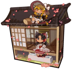 2girls apron black_eyes black_hair black_vest blonde_hair bow braid broom building chibi chibi_only commentary_request detached_sleeves frilled_bow frilled_hair_tubes frills hair_bow hair_tubes hakurei_reimu hat hat_bow kirisame_marisa long_hair multiple_girls on_roof red_bow red_skirt ribbon-trimmed_sleeves ribbon_trim shi_chimi side_braid single_braid sitting skirt skirt_set touhou vest waist_apron white_apron white_bow witch_hat