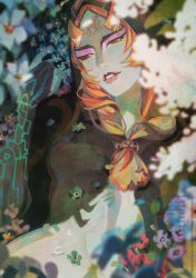Rule 34 | 1girl, absurdres, breasts, colored skin, eyeshadow, flower, highres, long hair, looking ahead, makeup, medium breasts, midna, midna (true), nintendo, orange hair, parted lips, pink eyeshadow, pommeplisa, red eyes, solo, spoilers, the legend of zelda, the legend of zelda: twilight princess, upper body, watermark