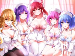 5girls :o :p absurdres black_bra black_pantyhose black_skirt blue_bra blue_eyes blue_hair blue_panties blush bra breasts brown_hair cleavage closed_mouth collarbone dress_shirt garter_belt grin hair_ornament hat highres indoors lingerie long_hair long_sleeves looking_at_viewer multiple_girls mutou_kurihito nurse nurse_cap open_clothes open_mouth open_shirt original panties pantyhose pink_bra pink_eyes pink_hair purple_bra purple_eyes purple_garter_straps purple_hair purple_panties purple_thighhighs red_eyes red_hair shirt sidelocks sitting skirt smile thighhighs tongue tongue_out underwear white_background white_shirt yellow_eyes