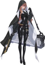1girl alpha_transparency bandolier belt black_veil brown_hair catsuit commentary counter:side covered_navel expressionless full_body gun highres holding holding_case holding_gun holding_weapon long_hair long_veil looking_at_viewer nicole_primer nun official_art purple_eyes shade shotgun shotgun_shell simple_background skin_tight solo standing tachi-e thigh_strap third-party_source transparent_background veil weapon weapon_case weapon_request