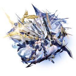 1girl absurdres blue_hair breasts full_body highres large_breasts looking_at_viewer low_twintails mechanical_legs mechanical_tail missile navel official_art purple_eyes railgun revealing_clothes rhine_(starward) solo starward stomach tail third-party_source twintails