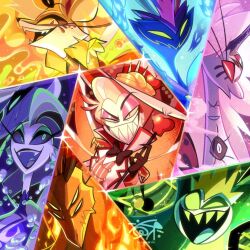 3girls 4boys analogous_colors arthropod_girl asmodeus_(helluva_boss) bee_girl beelzebub_(helluva_boss) belphegor_(helluva_boss) blonde_hair blue_sclera blush_stickers character_request circle_facial_mark clown colored_sclera demon demon_boy demon_girl extra_eyes eyeshadow feathers fennec_fox formal_clothes frown green_sclera grin hair_slicked_back hat hazbin_hotel helluva_boss horns insect_girl kano-mareki leviathan_(helluva_boss) long_hair looking_at_viewer lucifer_morningstar_(hazbin_hotel) makeup mammon_(helluva_boss) multiple_boys multiple_girls multiple_heads purple_eyeshadow purple_feathers ram_(animal) red_eyes red_sclera rooster_tail satan_(helluva_boss) seven_deadly_sins sharp_teeth smile smirk striped_clothes striped_vest suit teeth two-tone_vest vertical-striped_clothes vertical-striped_vest very_long_hair very_long_tail vest white_suit yellow_sclera yellow_teeth
