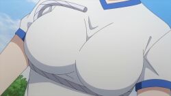 1girl animated anime_screenshot arms_behind_back ass blonde_hair blue_shorts blush braid breasts chotto_dake_ai_ga_omoi_dark_elf_ga_isekai_kara_oikakete_kita gradient_hair green_eyes highres huge_ass large_breasts mochida_sakura_(aiomodarkelf) multicolored_hair shirt short_hair shorts sound sportswear tagme thighs tied_up_(nonsexual) two-tone_hair video white_hair white_shirt